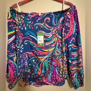 LILLY PULITZER Women's Adira Silk Off The Shoulder Top in Top Beach Loot NWT